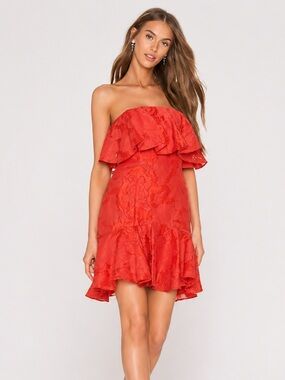 KEEPSAKE THE LABEL Red Ruffle Strapless Mini Dress Size Large Floral Jacquard
